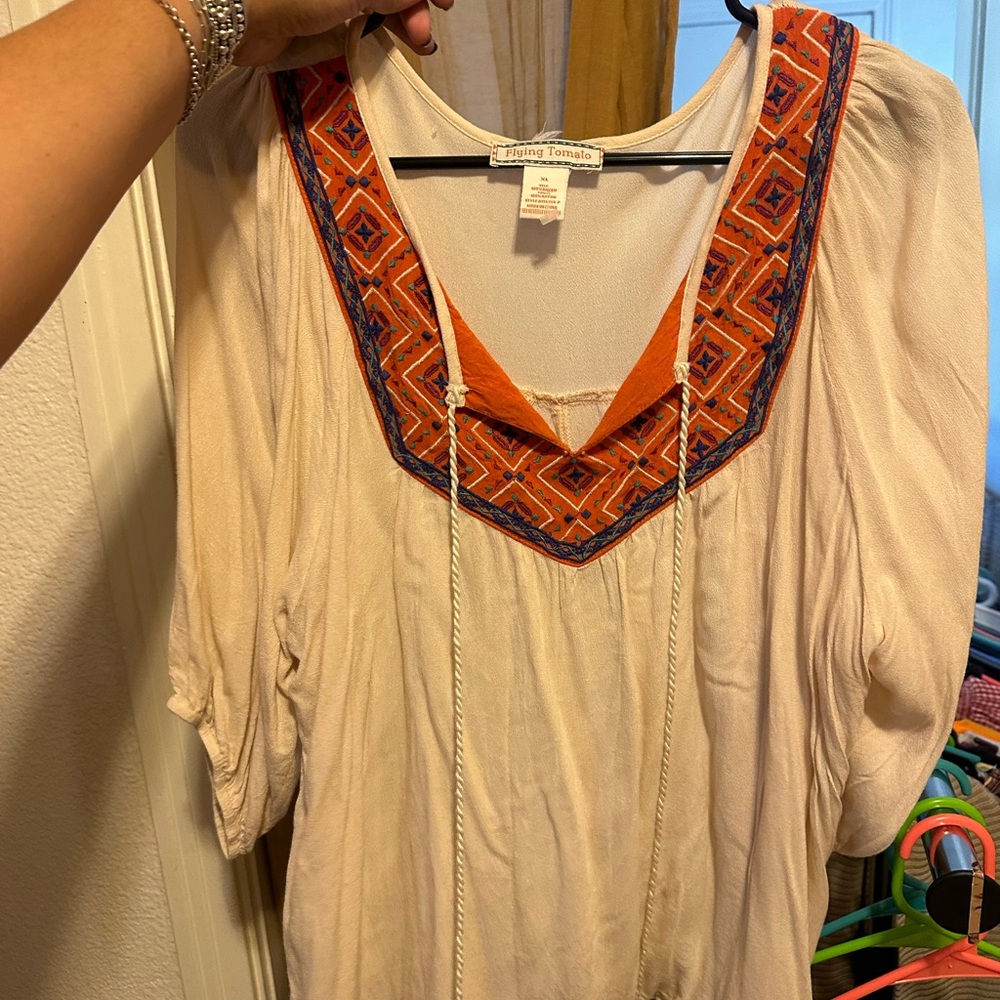 Flying Tomato Cream Blouse with Orange and Blue Embroidery